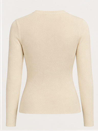 Ecru Gold Button Detail Cotton Knit Long Sleeve Top