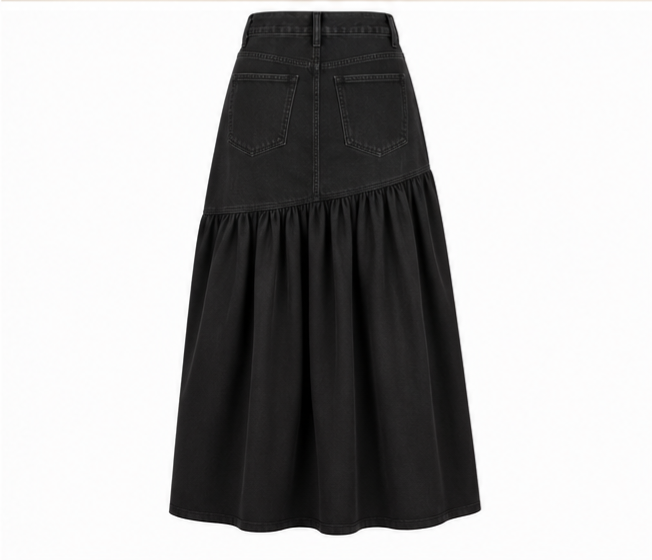 Denim & Poplin A-Line Maxi Skirt – High Waist Color Block