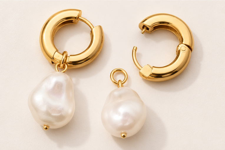 Boucles d'oreilles créoles avec pendentif perle en acier inoxydable 18K