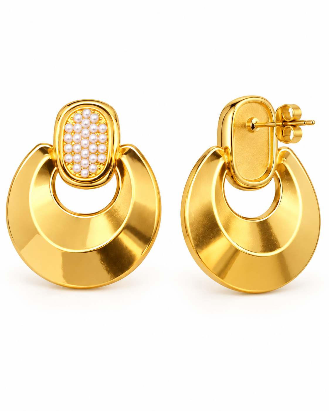 Pearl Inlaid Glossy Geometric 18K Gold-Plated Stainless Steel Earrings