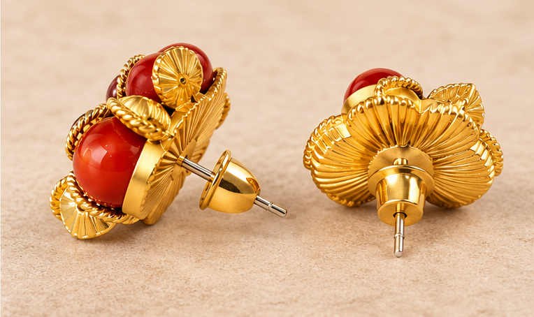 Vintage 18K Gold-Plated Red Agate Leaf Cluster stud Earrings