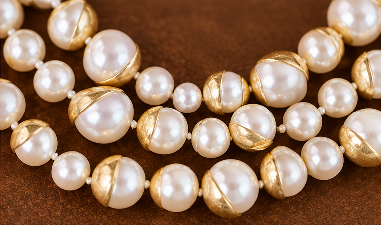 Elegant Vintage Triple-Strand Pearl Necklace Gold Accents