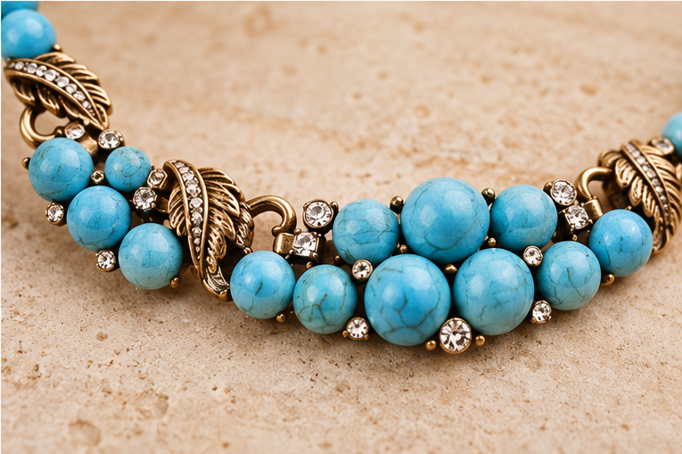 Collier fantaisie vintage en plaqué or 18 carats, motif feuilles et turquoise