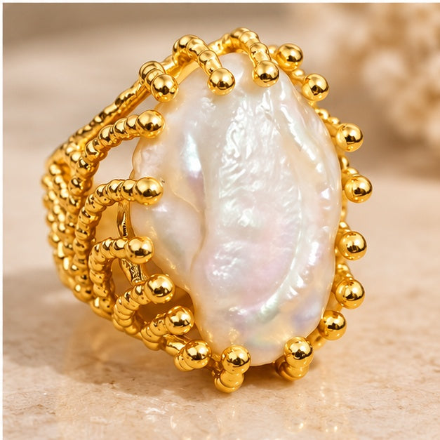 Inlaid Pearl Hollow Gold-Plated Adjustable Ring
