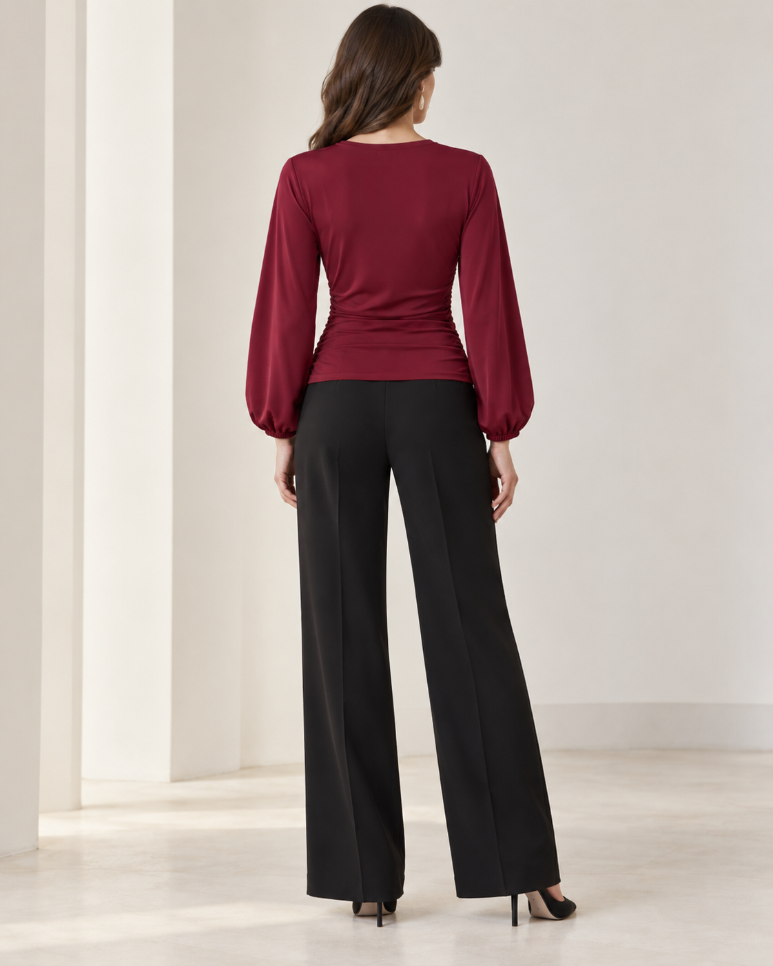 Draped Front Satin Blouse – Balloon Sleeve Elegant Top