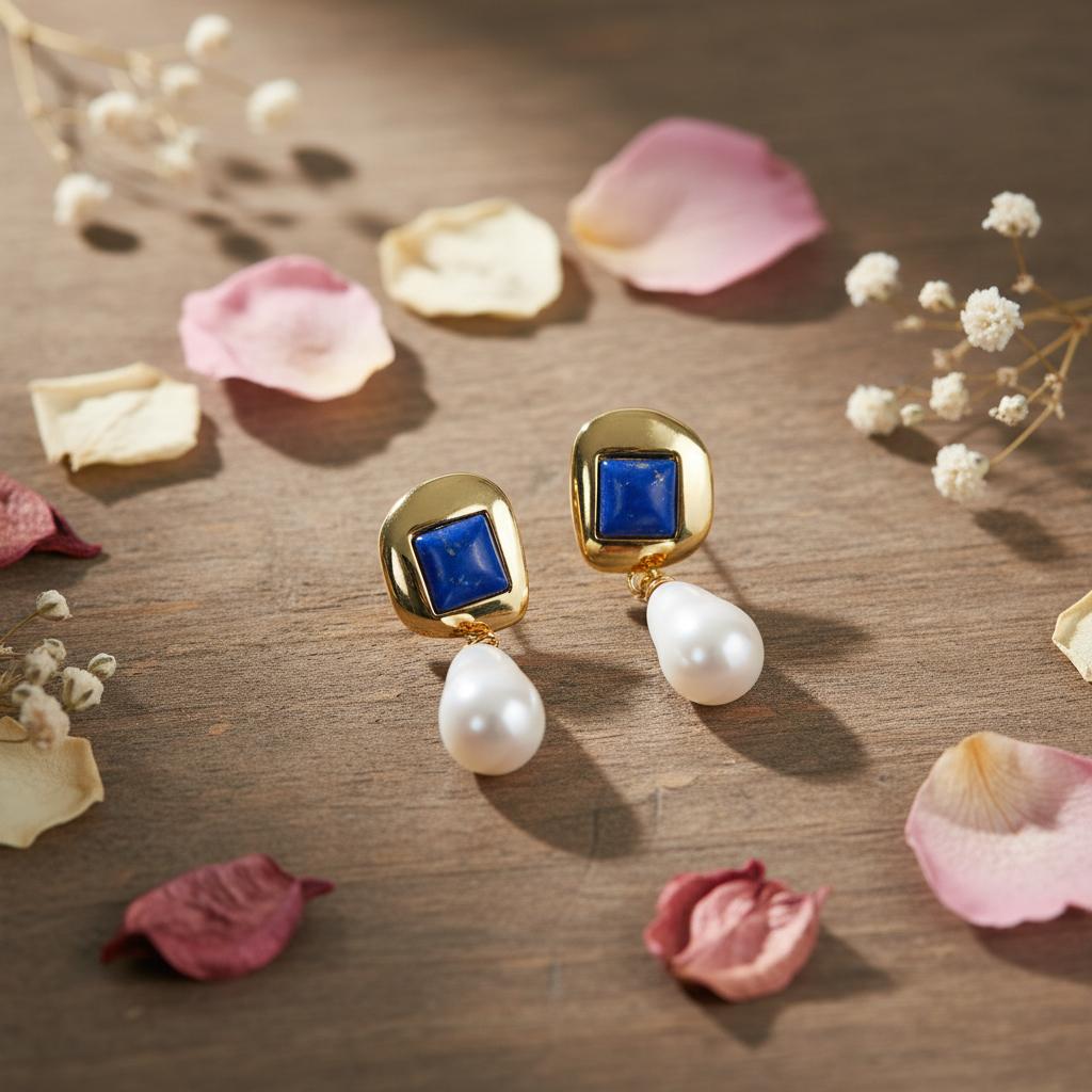 Elegant 18K Gold-Plated Lapis Lazuli & Pearl Drop Earrings | AVRENDI