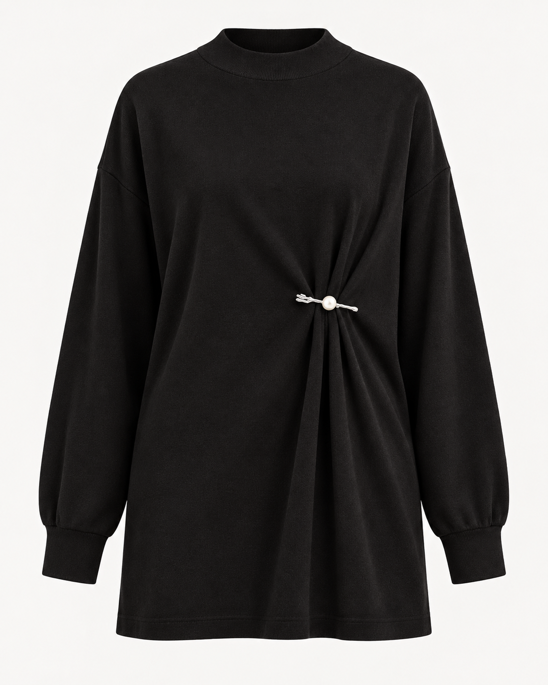 Draped Knit Tunic with Metal Detail in Black - front view | AVRENDI