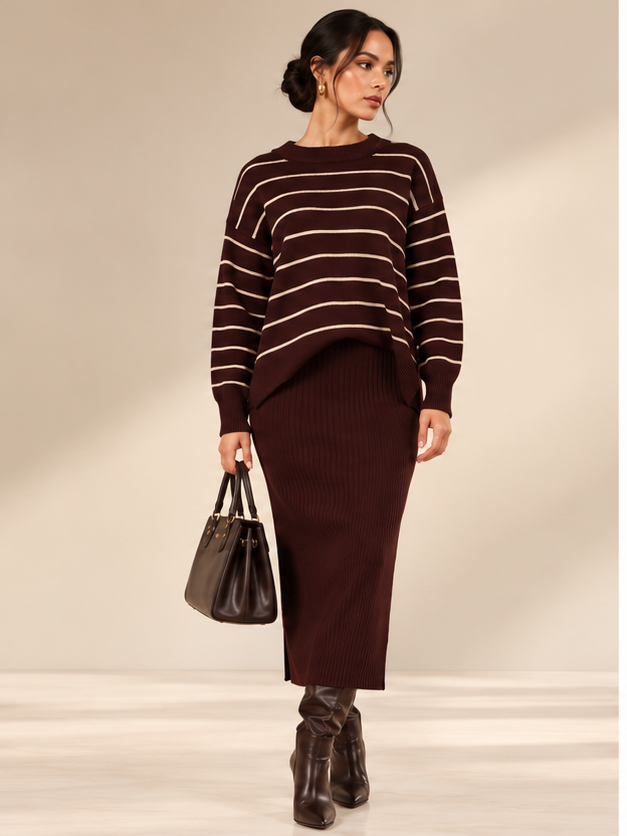 Conjunto de suéter oversize a rayas y vestido maxi acanalado – 2 piezas