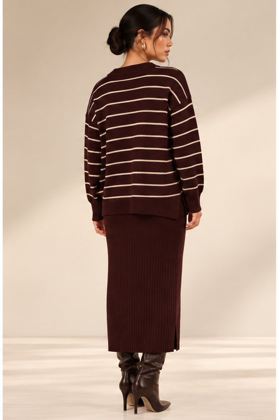 Conjunto de suéter oversize a rayas y vestido maxi acanalado – 2 piezas