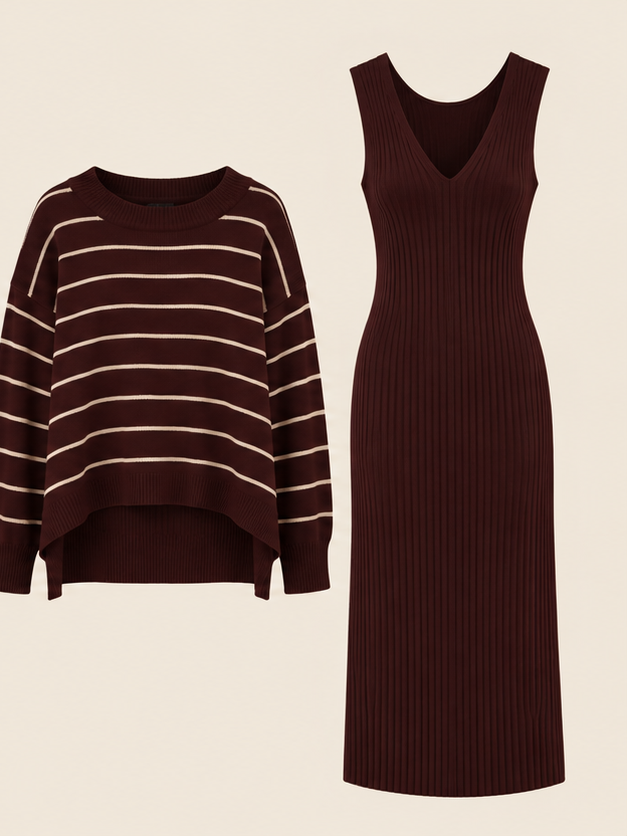 Conjunto de suéter oversize a rayas y vestido maxi acanalado – 2 piezas