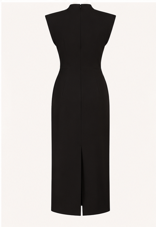 High Neck Front-Tie Draped Midi Dress – Black