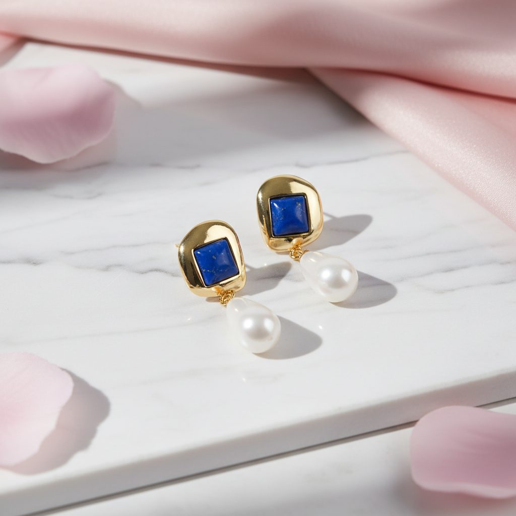 Elegant 18K Gold-Plated Lapis Lazuli & Pearl Drop Earrings | AVRENDI