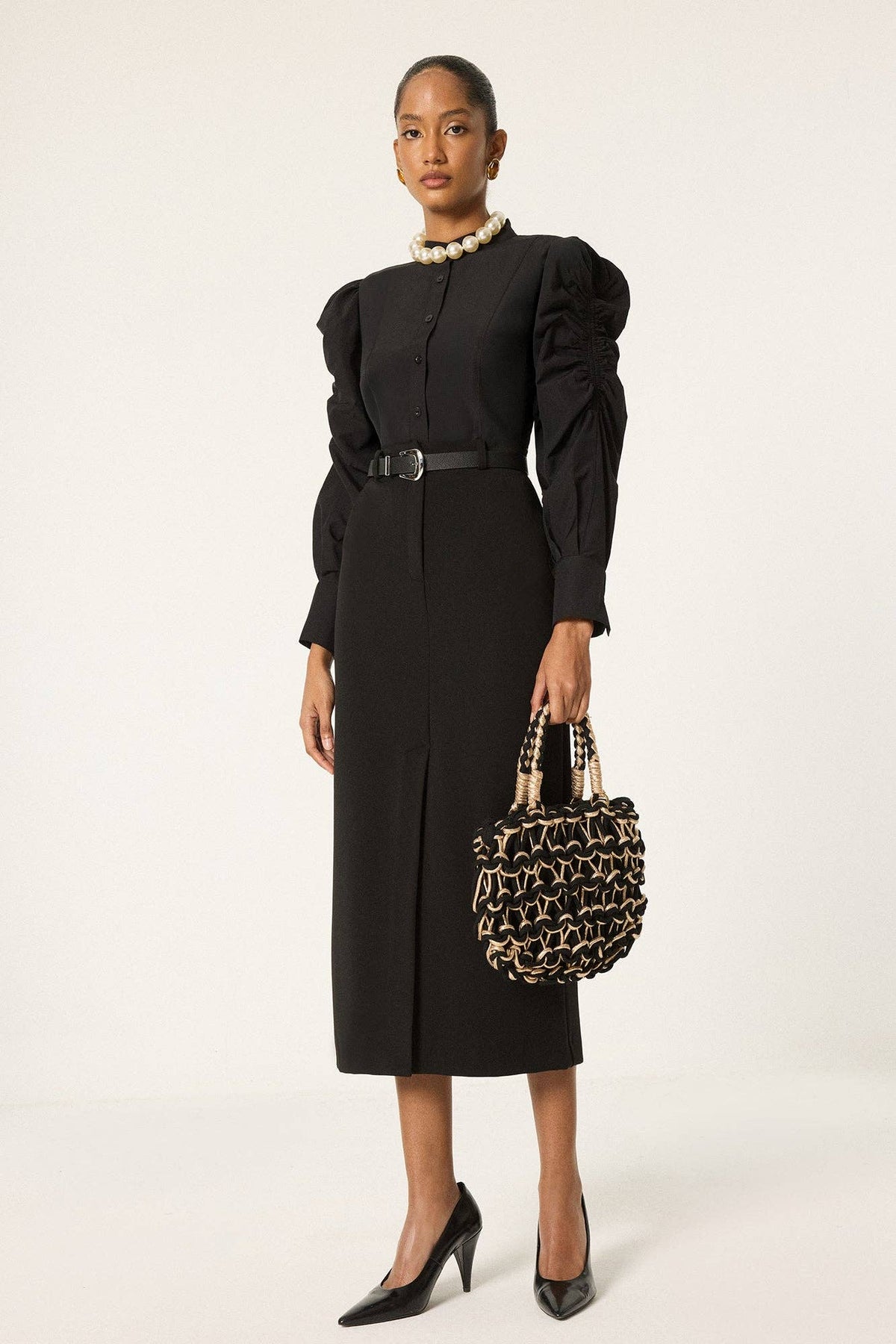 Gathered Sleeve Button-Up Shirt – Elegant Modest Blouse in Black | AVRENDI