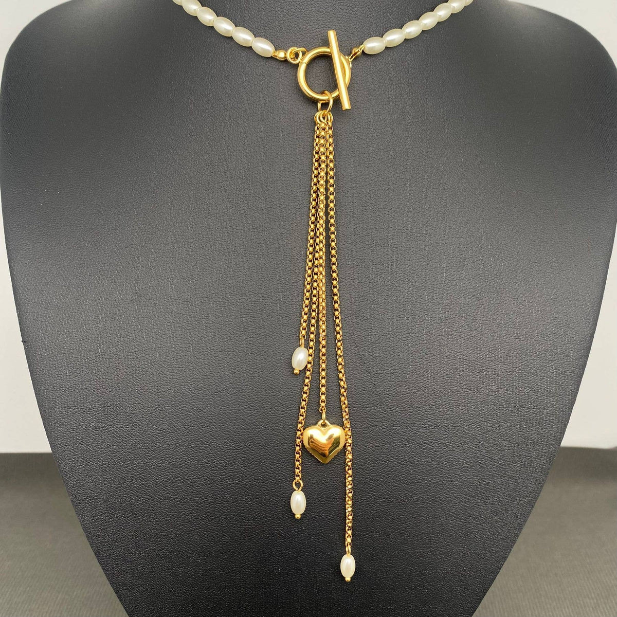 Heart Chain Fringe Pearl Beaded 18K Gold-Plated Stainless Steel Necklace | AVRENDI