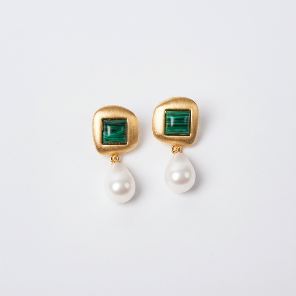Elegant 18K Gold-Plated Malachite & Pearl Drop Earrings | AVRENDI