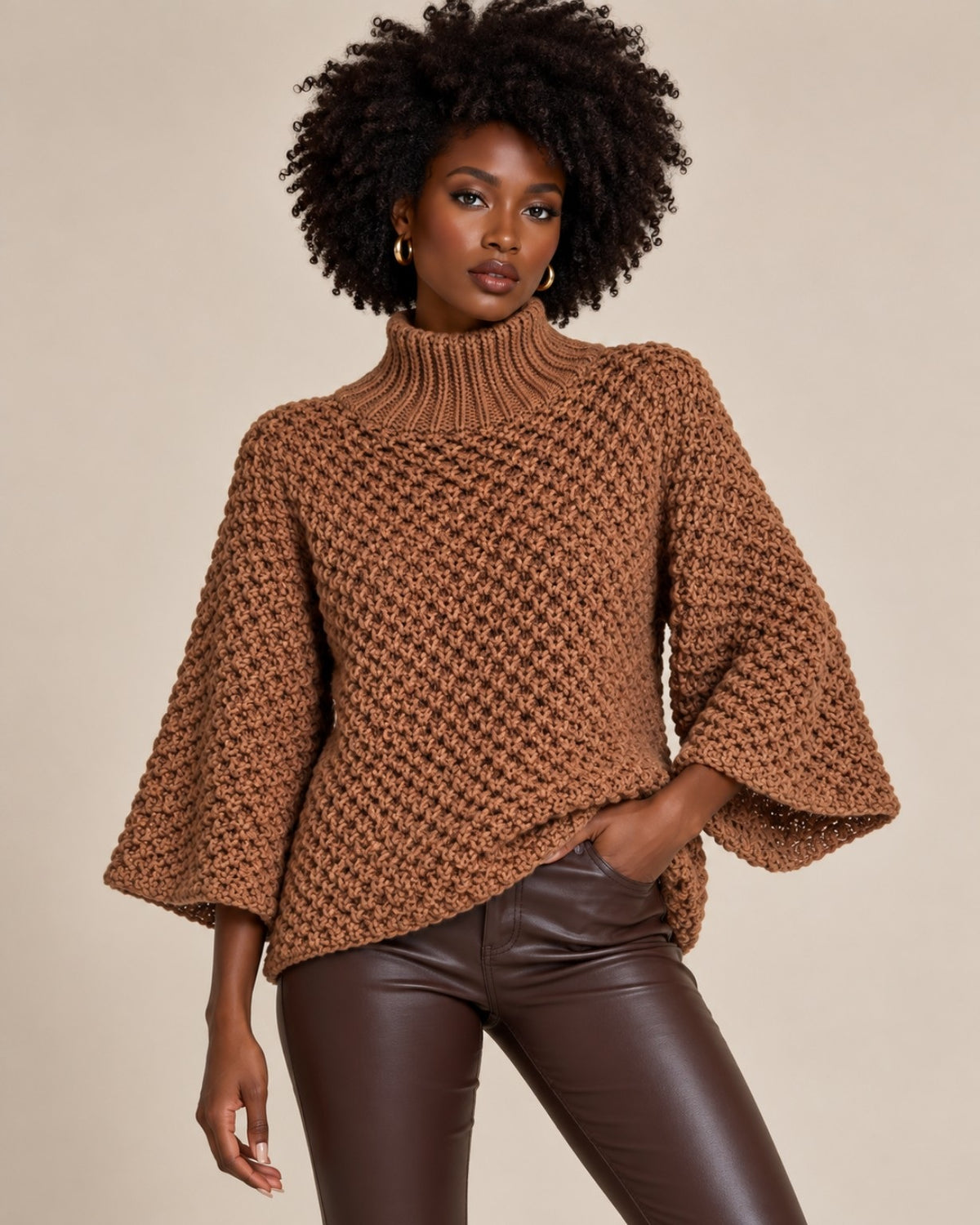 Oversized Thick-Knit Sweater with Stand Collar