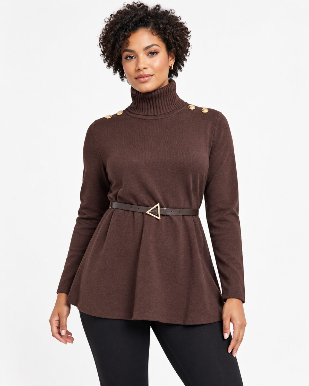 Long Knit Sweater with Stand Collar & Belt