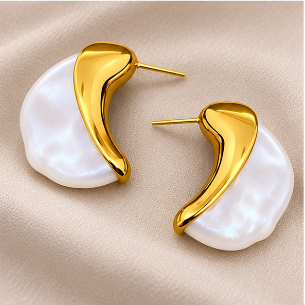 Pearl Inlaid Moon 18K Gold-Plated Stainless Steel Earrings