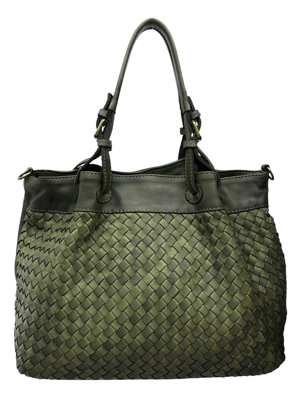 Woven Italian Leather Carryall in Military Green | AVRENDI