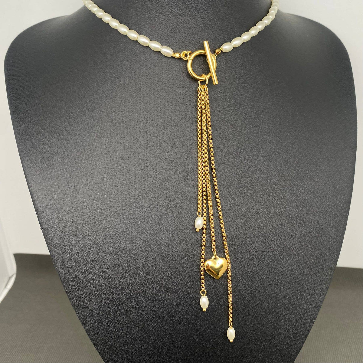 Heart Chain Fringe Pearl Beaded 18K Gold-Plated Stainless Steel Necklace | AVRENDI