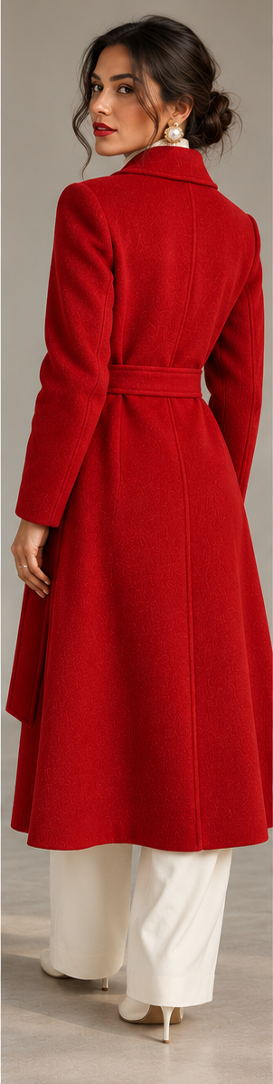AVRENDI red 100% wool belted long coat model back view