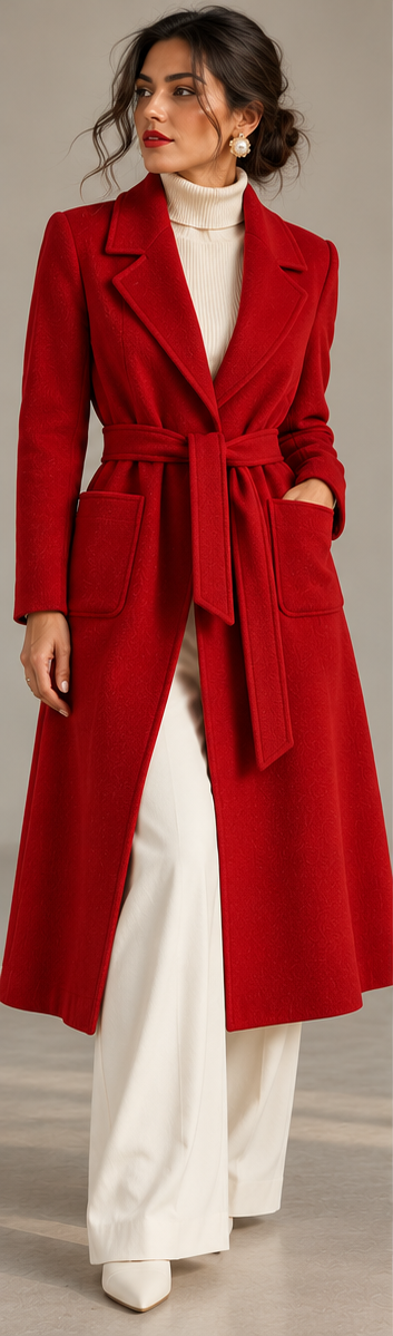 AVRENDI red 100% wool belted long coat model front view