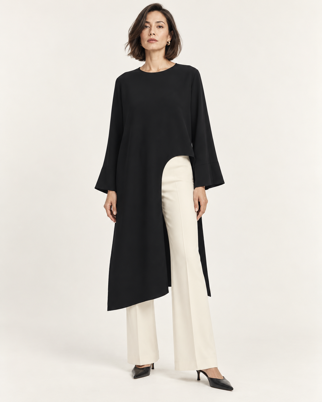 Longline Viscose-Blend Tunic with Front Slit in Black | AVRENDI